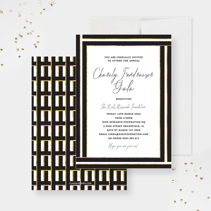 Black and gold charity fundraiser gala invitation template with elegant geometric pattern, gold border, and editable event details-front-back