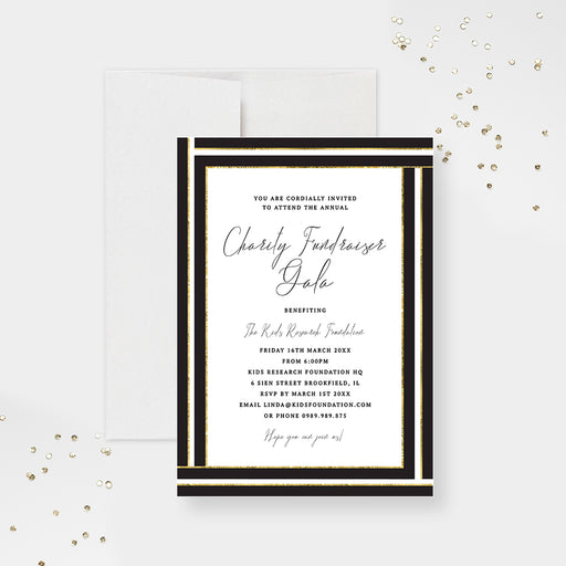 Black and gold charity fundraiser gala invitation template with elegant geometric pattern, gold border, and editable event details-front