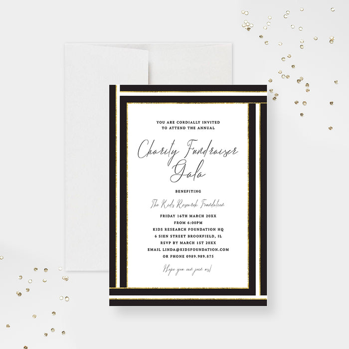 Black and gold charity fundraiser gala invitation template with elegant geometric pattern, gold border, and editable event details-front