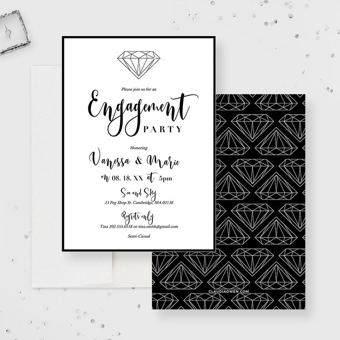Elegant black and white engagement party invitation template with diamond ring illustration and personalized details