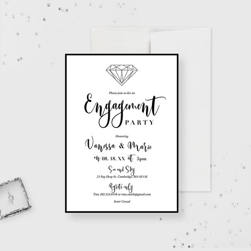 Elegant black and white engagement party invitation template with diamond ring illustration and personalized details