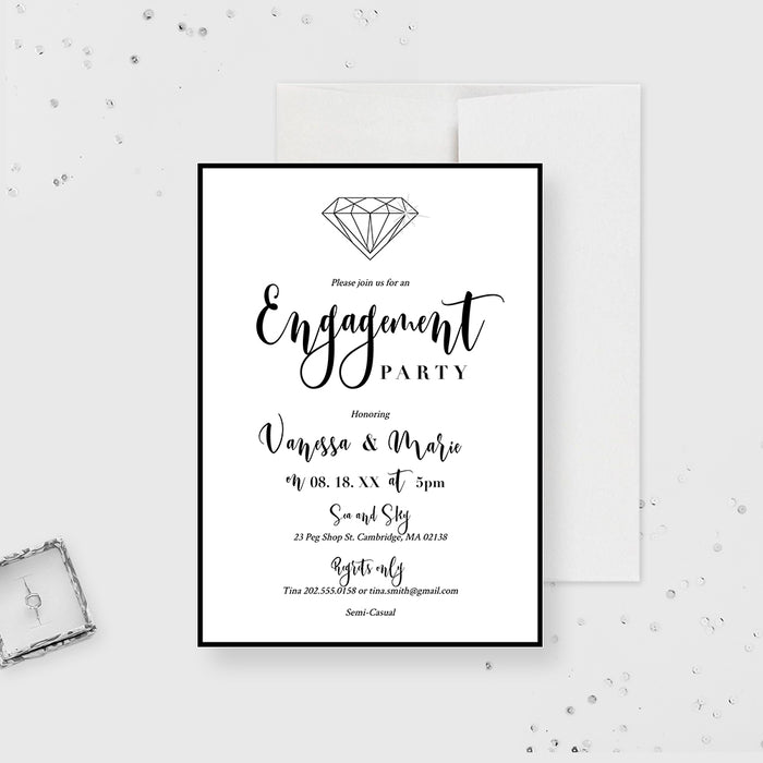 Elegant black and white engagement party invitation template with diamond ring illustration and personalized details