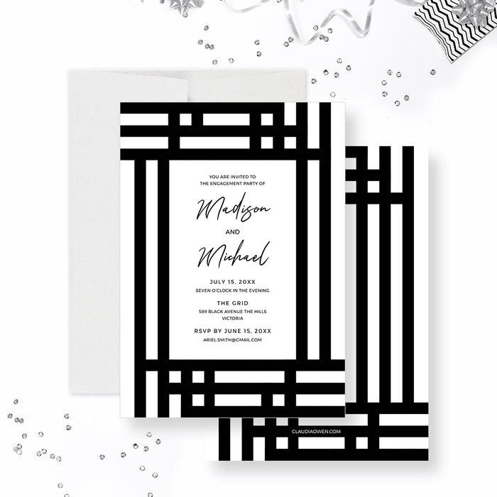 Black and white engagement party invitation template with bold geometric border and personalized couple details