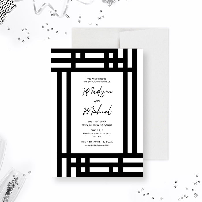 Black and white engagement party invitation template with bold geometric border and personalized couple details