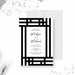 Black and white engagement party invitation template with bold geometric border and personalized couple details