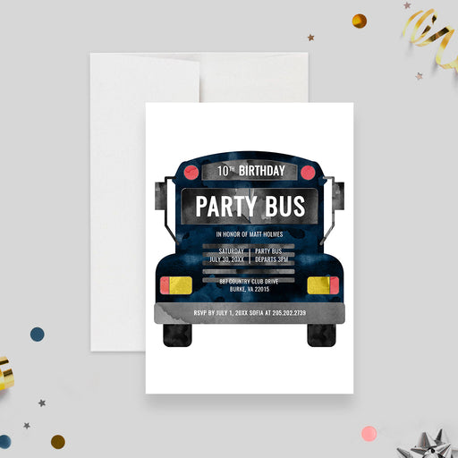 Party bus birthday invitation with a blue watercolor bus illustration on white.