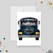 Party bus birthday invitation with a blue watercolor bus illustration on white.