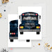 Blue watercolor party bus birthday invitation front and coordinating bus artwork on the back.