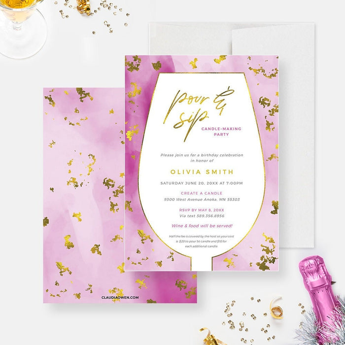 Candle making party invite with pink watercolor and gold accents
