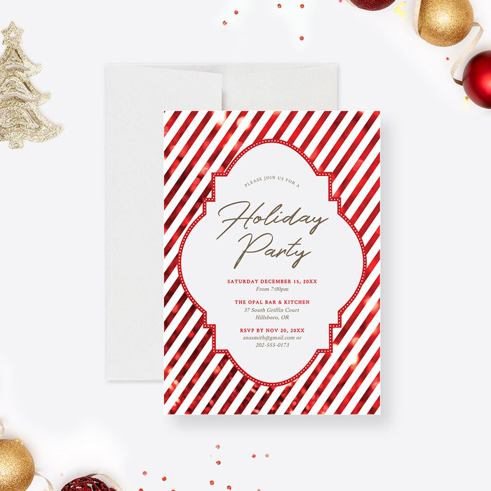 Holiday party invitation with red and white candy cane stripes and a central white text panel.