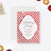 Holiday party invitation with red and white candy cane stripes and a central white text panel.
