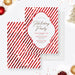 Holiday party invitation front and coordinating red and white candy cane striped back.