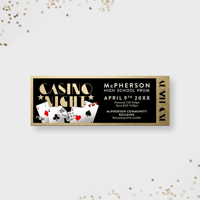 Casino night prom ticket invitation with black and gold design featuring playing cards, dice, poker chips and admit one layout