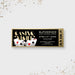 Casino night prom ticket invitation with black and gold design featuring playing cards, dice, poker chips and admit one layout