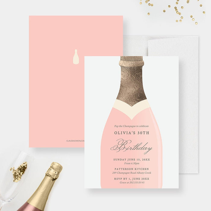 Champagne birthday digital invitation featuring blush champagne bottle design for milestone celebration
