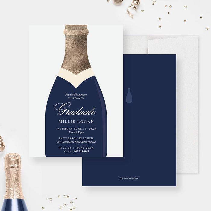 Champagne graduation digital invitation featuring navy and gold bottle design for a graduate party