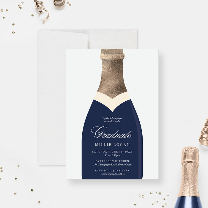 Champagne graduation digital invitation featuring navy and gold bottle design for a graduate party
