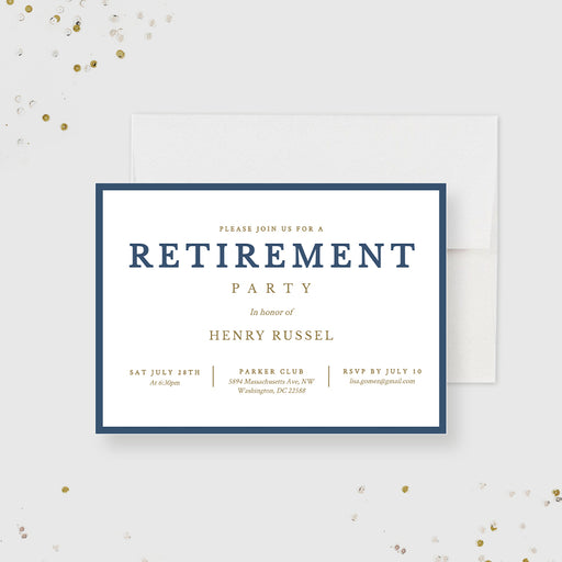 landscape retirement party invitation template with navy blue border, classic lettering, warm accent details, and editable celebration wording
