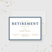 landscape retirement party invitation template with navy blue border, classic lettering, warm accent details, and editable celebration wording