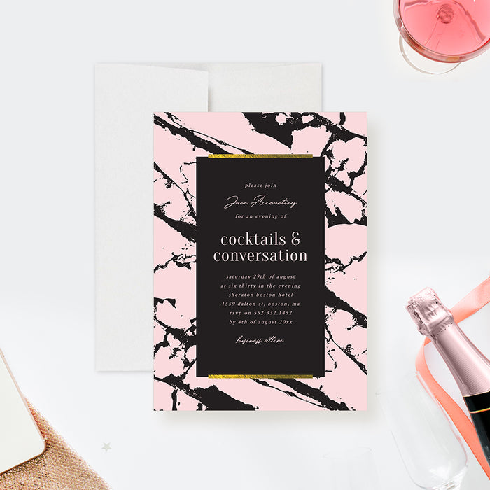 pink and black marble cocktails and conversation invitation template for a corporate cocktail party, business happy hour, or adult birthday event
