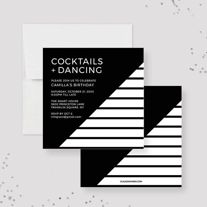 black and white cocktails and dancing birthday invitation digital template with modern geometric design for an adult birthday party
