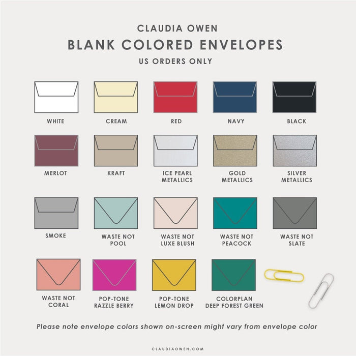 Blank colored envelopes for note cards and invitations in assorted colors