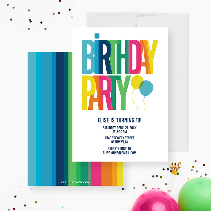 Colorful birthday party invitation with multicolored lettering, balloon accents, and custom party details