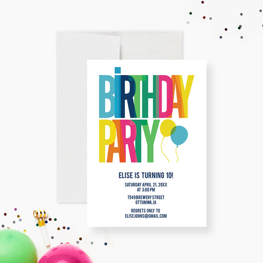 Colorful birthday party invitation with multicolored lettering, balloon accents, and custom party details