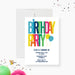 Colorful birthday party invitation with multicolored lettering, balloon accents, and custom party details