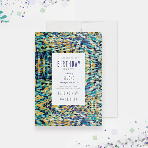 colorful birthday party invitation template with vibrant abstract border, modern lettering, and editable party details