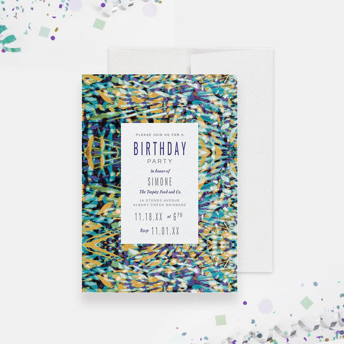 colorful birthday party invitation template with vibrant abstract border, modern lettering, and editable party details