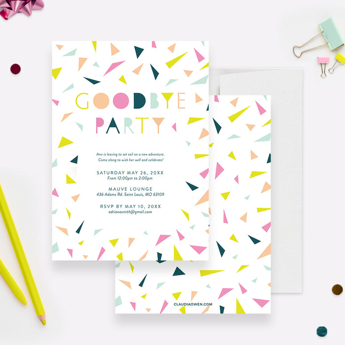 Colorful goodbye party invitation template with geometric confetti and personalized farewell celebration details-front-back
