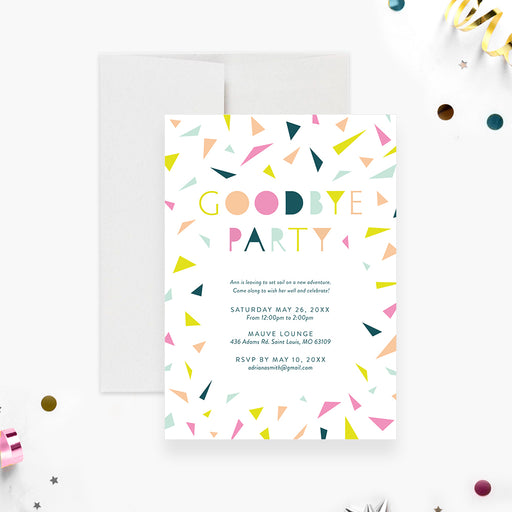 Colorful goodbye party invitation template with geometric confetti and personalized farewell celebration details-front