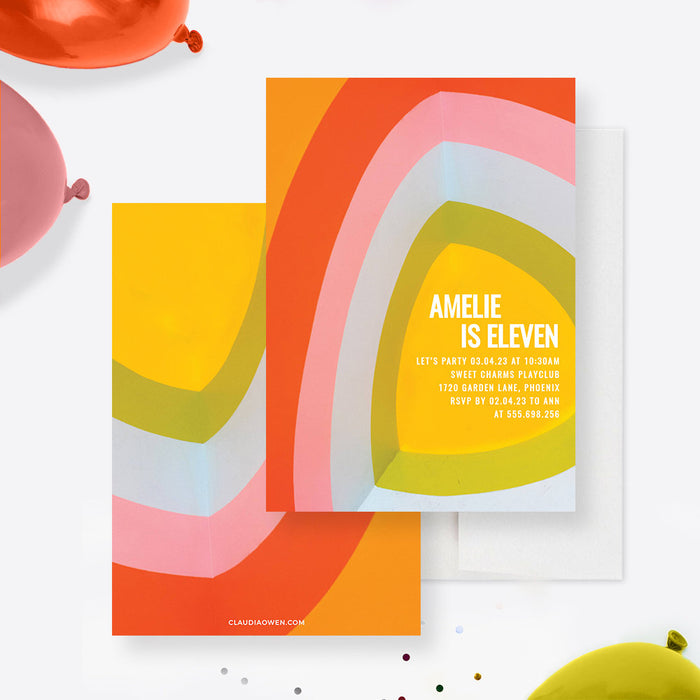 Colorful rainbow birthday invitation template for an eleven-year-old with playful curved stripes and personalized party details