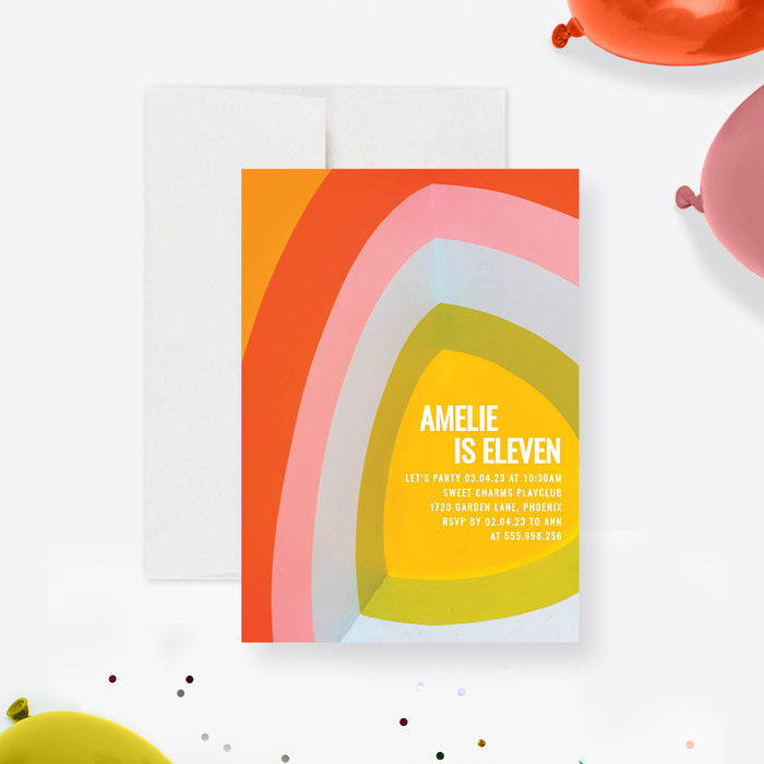 Colorful rainbow birthday invitation template for an eleven-year-old with playful curved stripes and personalized party details