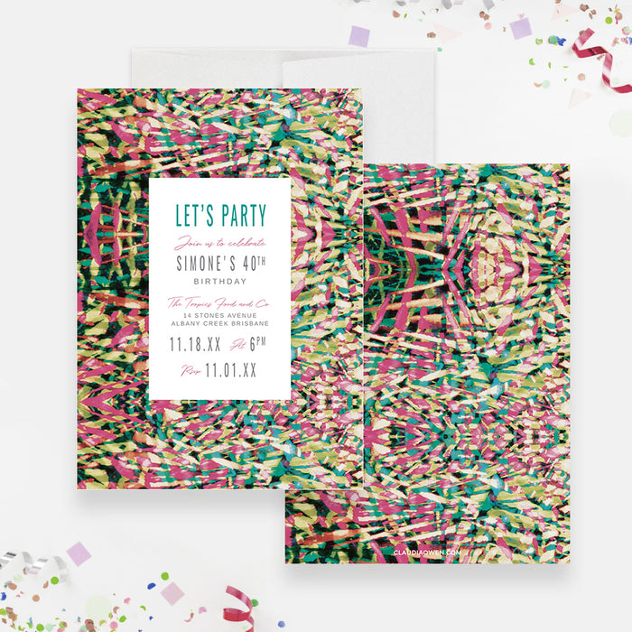 colorful tropical birthday party invitation template with vibrant abstract border, party lettering, and editable birthday celebration details-front-back