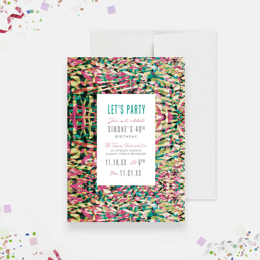 colorful tropical birthday party invitation template with vibrant abstract border, party lettering, and editable birthday celebration details-front