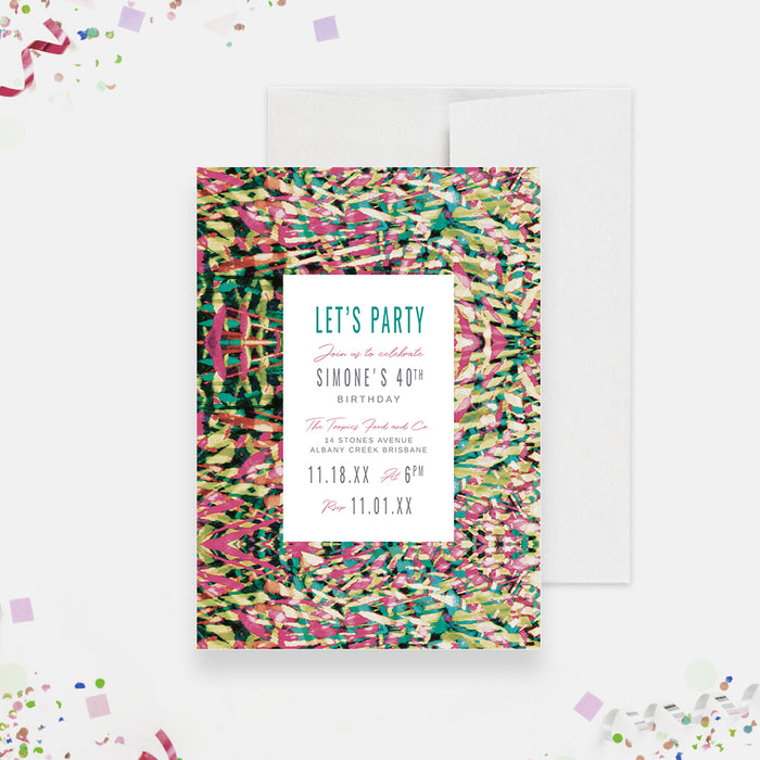 colorful tropical birthday party invitation template with vibrant abstract border, party lettering, and editable birthday celebration details-front