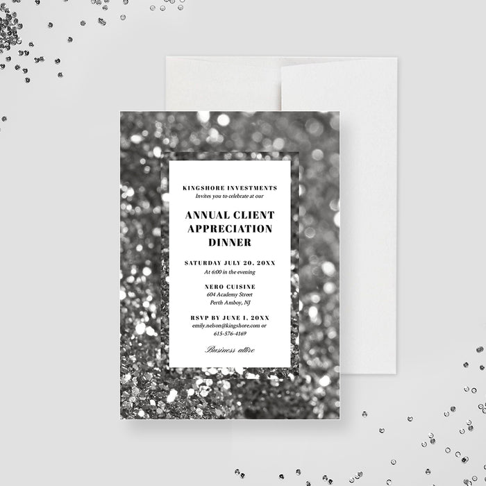Elegant corporate dinner digital invitation template with black-and-white bokeh background and company event details-front