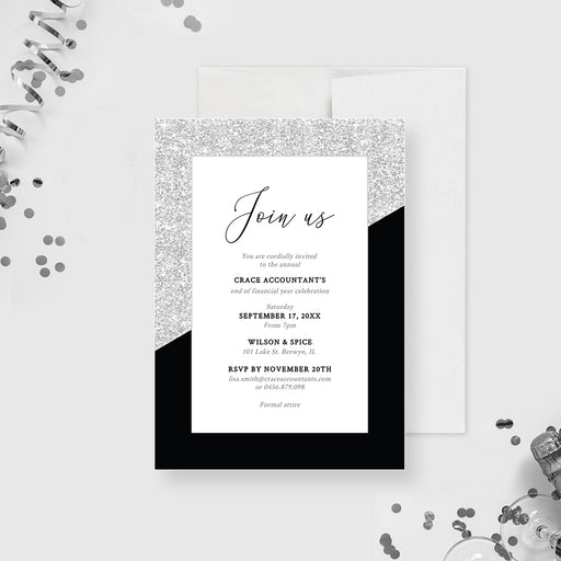 Elegant corporate end of year party invitation template with silver glitter and black design