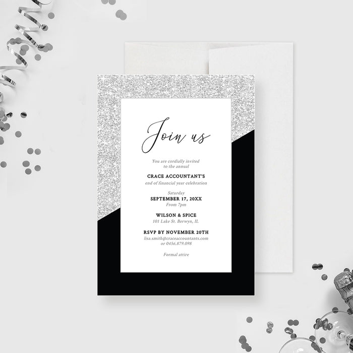 Elegant corporate end of year party invitation template with silver glitter and black design