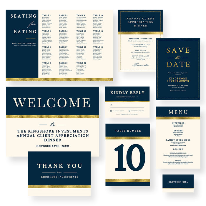 Corporate event invitation matching set with navy blue and gold design including save the date, RSVP, menu, and welcome sign