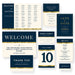 Corporate event invitation matching set with navy blue and gold design including save the date, RSVP, menu, and welcome sign