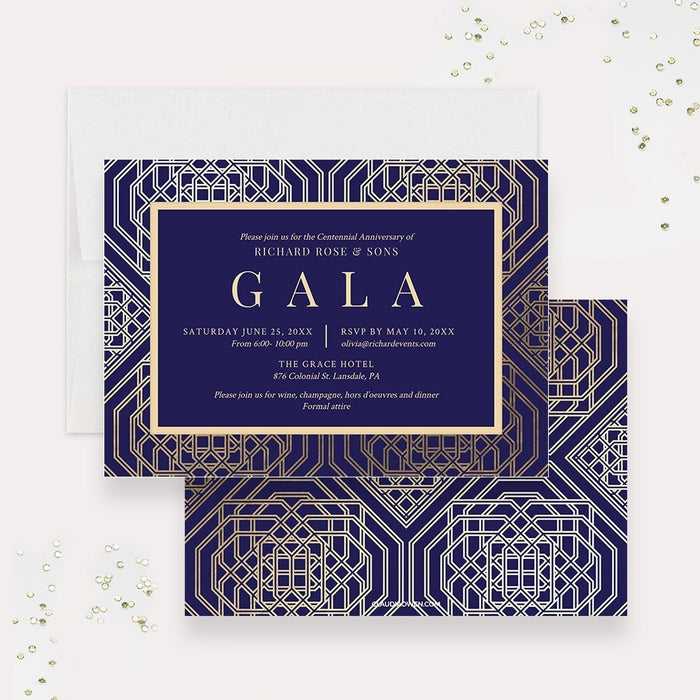 Corporate gala digital invitation featuring gold geometric design on navy background
