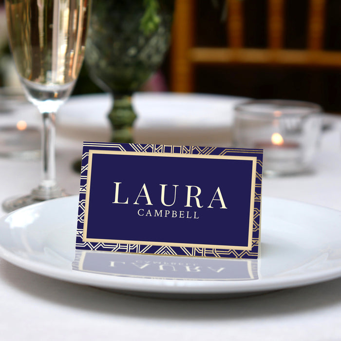 Corporate gala place card digital template in gold geometric navy background