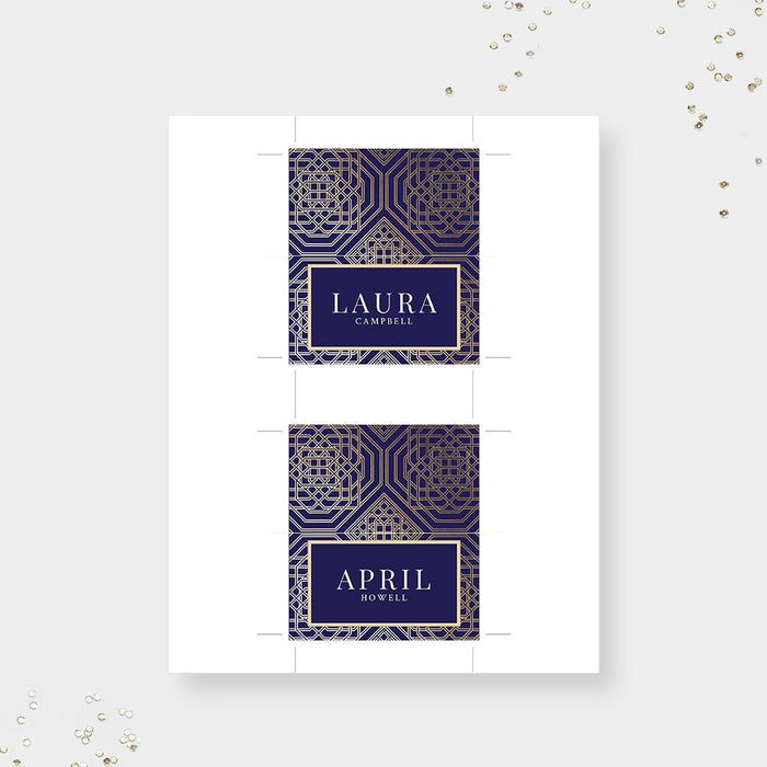 Corporate gala place card sheet digital template in gold geometric navy background