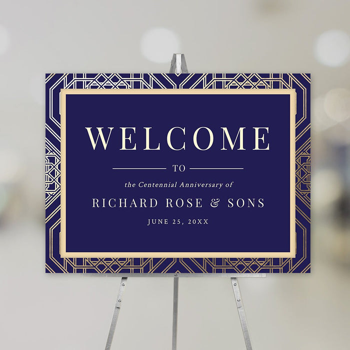 Corporate gala welcome sign digital template in gold and navy geometric style