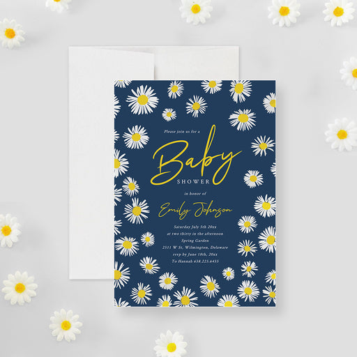 Daisy flower baby shower invitation digital template featuring a navy background with white and yellow floral pattern