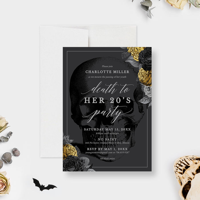 Death to Her 20s 30th Birthday Invitation Gothic Skull Floral Template