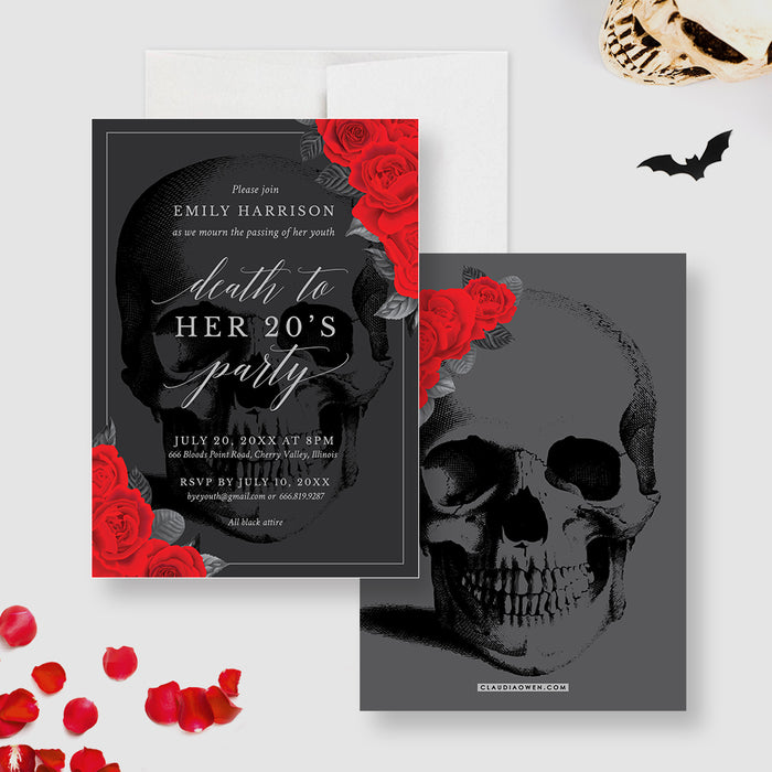 Death to Her 20s party invitation with gothic skull and red roses design-front-back